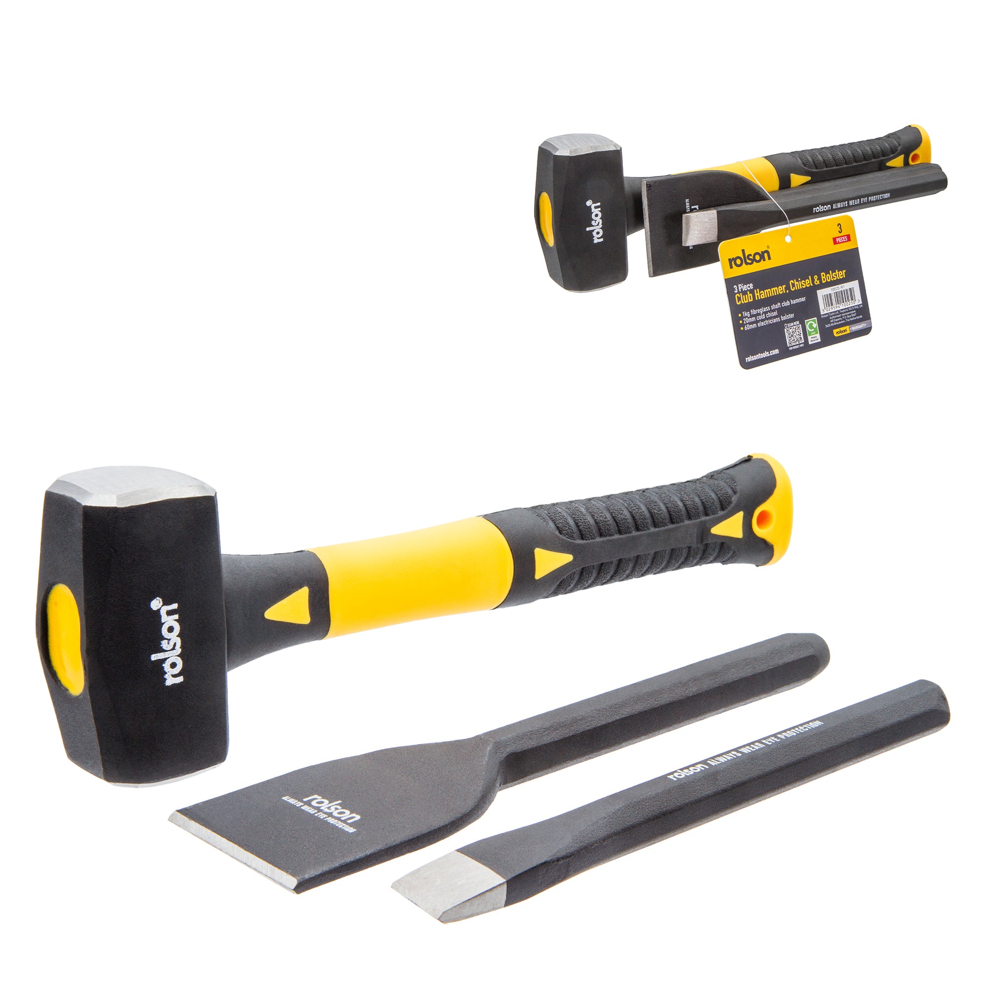 3 Piece Club Hammer, Bolster & Chisel Set
