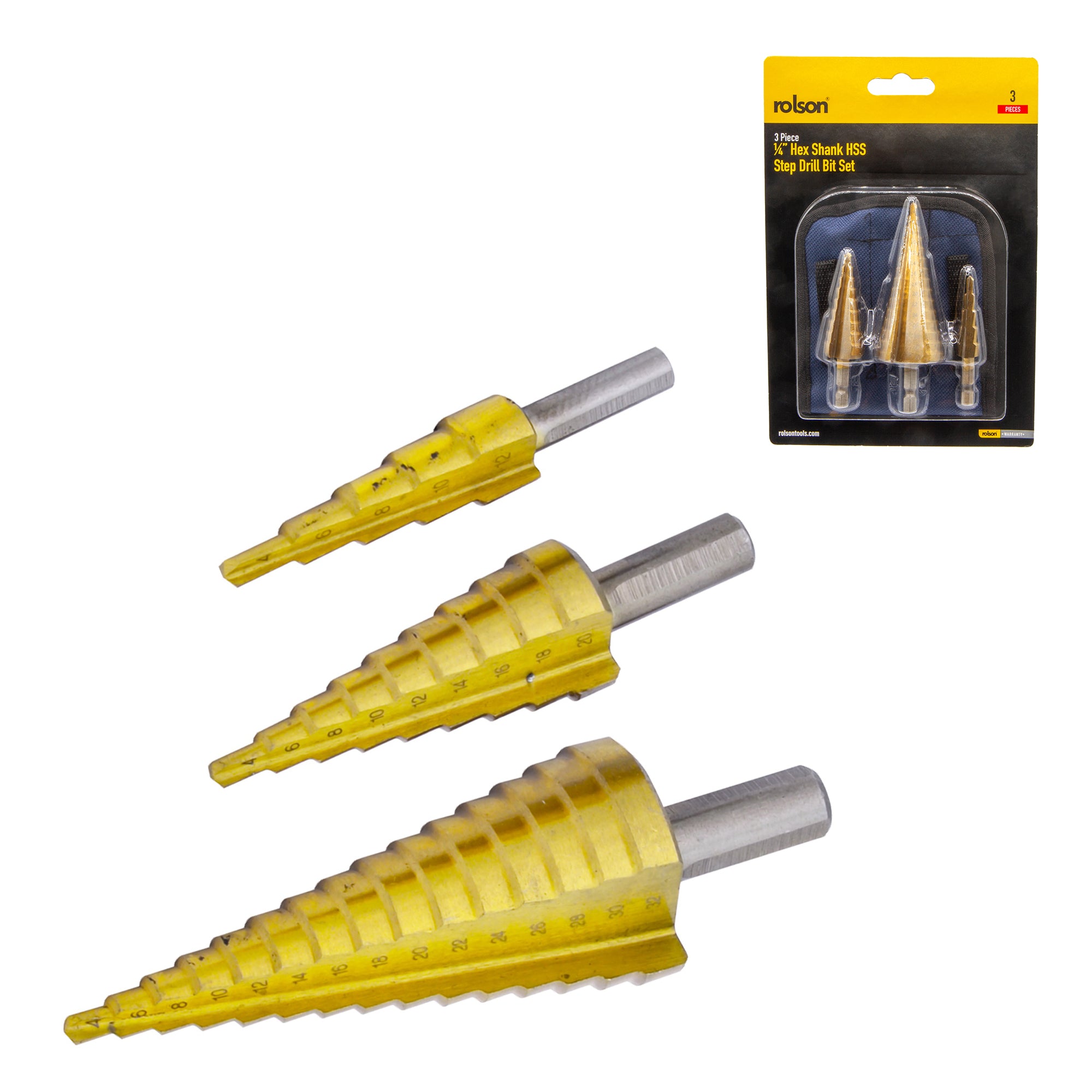 3 Piece ¼" Hex Shank Titanium Step Drill Set